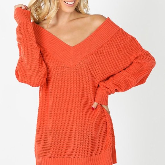 Zenana Ash Copper Oversized VNeck Waffle Sweater - Picture 4 of 5